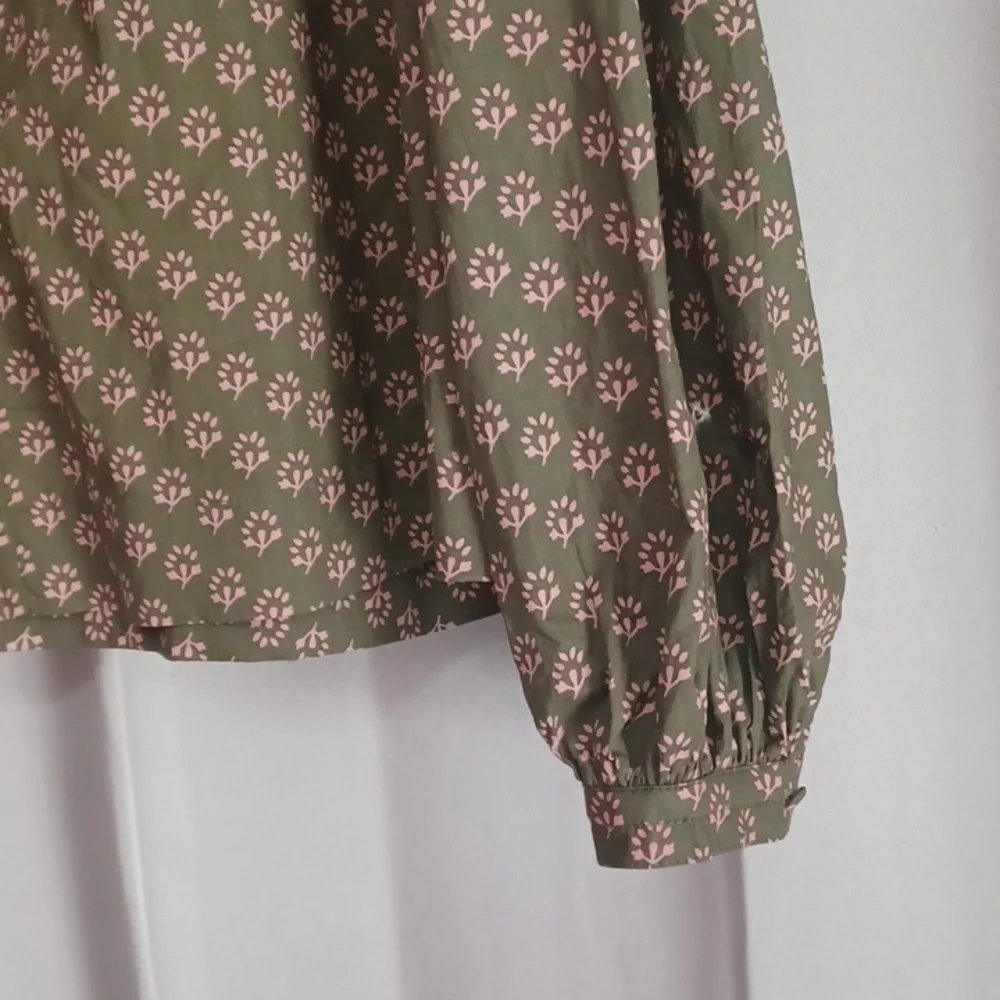 Avara Olive Green Pink Floral Long Balloon Sleeve Top, Split Neck Button Placket